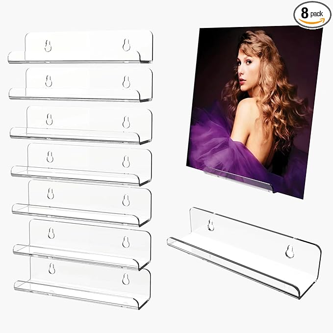 Clear Vinyl Record Shelf Wall Mount 8 Pack 7 Inch, Acrylic Vinyl Album Holder Display, CD shelf, Album Frame Organizer, Kids Bookshelf, Floating Wall Shelf in Home Office and Record Store