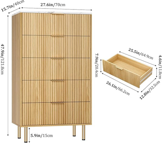 GAOMON 5 Drawer Dresser,Fluted Dresser for Bedroom,47.9" Tall Dressers Chest of Drawers,Wood Tall Dressers with Metal Handle for Closet, Living Room, Entryway