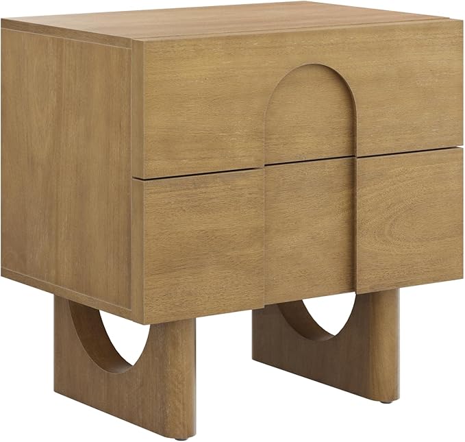Nathan James Jett Mid Century Modern Nightstand, Wooden Bedside Table with Drawers and Arched Door Cutout, Light Brown