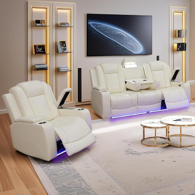 Power Reclining Sofa Set for Living Room, Leather Recliner Couch and Chair with Drop-Down Table, Power Pads, Reading Lights for House/Home Teather(Sofa and Chair, Cream)
