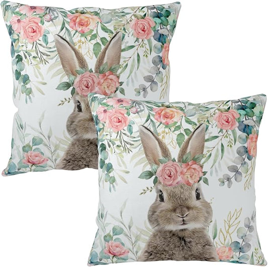 Easter Bunny Outdoor Pillow Covers 16x16 Set of 2 Easter Eucalyptus Leaves Rabbit Throw Pillow Case Spring Watercolor Rose Floral Farmhouse Pillowcase for Home Couch Sofa Decor