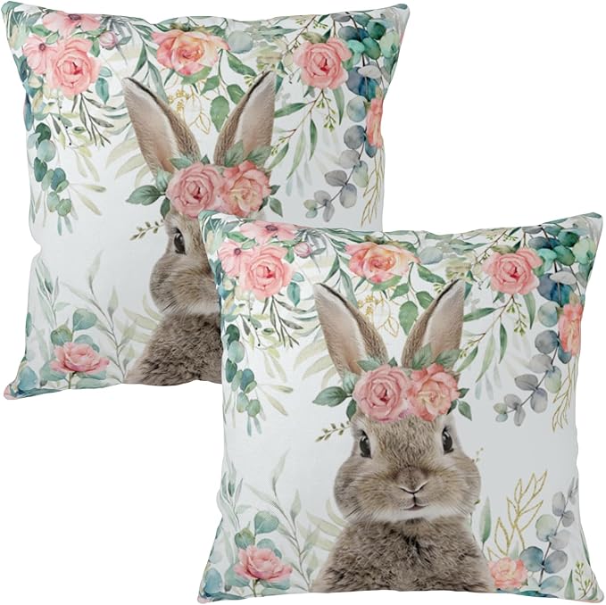 Easter Bunny Outdoor Pillow Covers 20x20 Set of 2 Easter Eucalyptus Leaves Rabbit Throw Pillow Case Spring Watercolor Rose Floral Farmhouse Pillowcase for Home Couch Sofa Decor