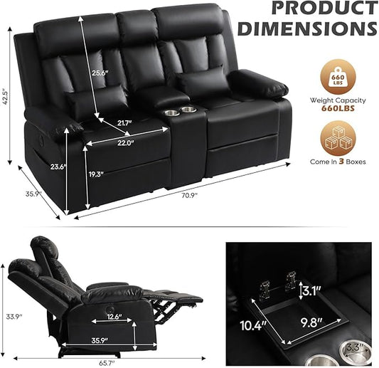 Power Reclining Loveseat with Console, Power Loveseat Recliner Sofa with Lumbar Pillow, USB,Type-c Ports, Eelctric Reclining Couch with Cup Holders for Living Room(Black, Loveseat)