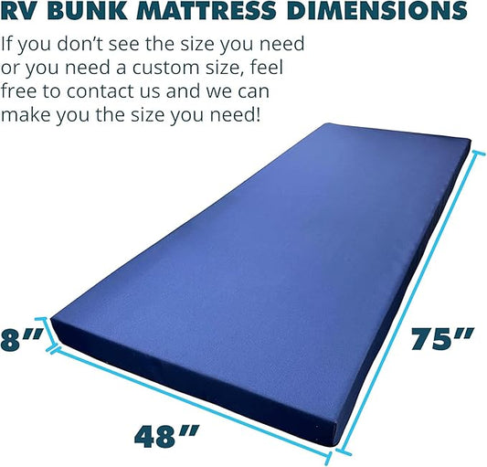 Foamma 8” x 48” x 75” Water Resistant Memory Foam RV Bunk Mattress, Firm High Density Foam Base, Comfortable and Durable Polyester Cover, Truck, Camper, Travel Trailer, Made in USA
