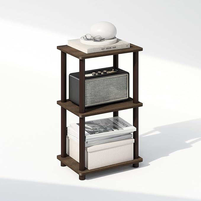 Furinno Turn-N-Tube Side Table, 2-Tier End Table with Open Shelf, Easy Assembly Night Stand, Bedside Table with Round Tube, for Living Room, Bedroom, Walnut