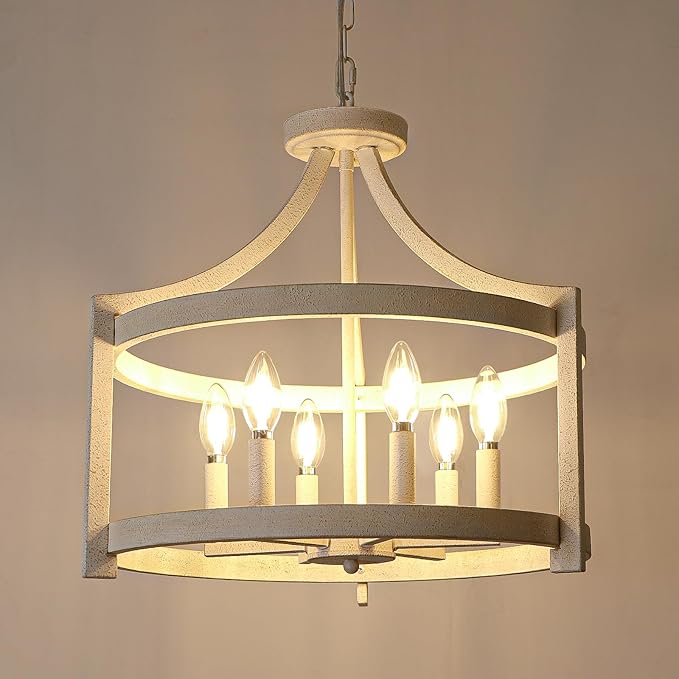 Farmhouse Chandelier for Dining Room, 6-Light Distressed White Hanging Light Convertible Semi Flush Mount Ceiling Light Fixture, Metal Vintage Pendant Lighting for Kitchen Foyer Entryway