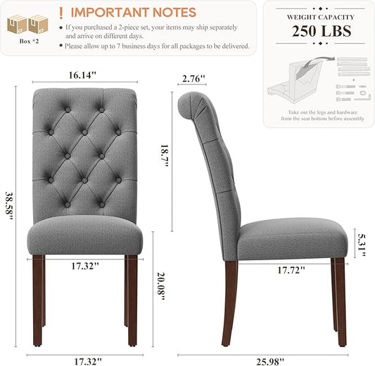 Upholstered Tufted Dining Room Chairs Set of 4, Parsons Kitchen Chairs with Padded Seat and Solid Wood Legs, Fabric Accent Side Diner Chair for Dining Room/Kitchen/Living Room, Grey