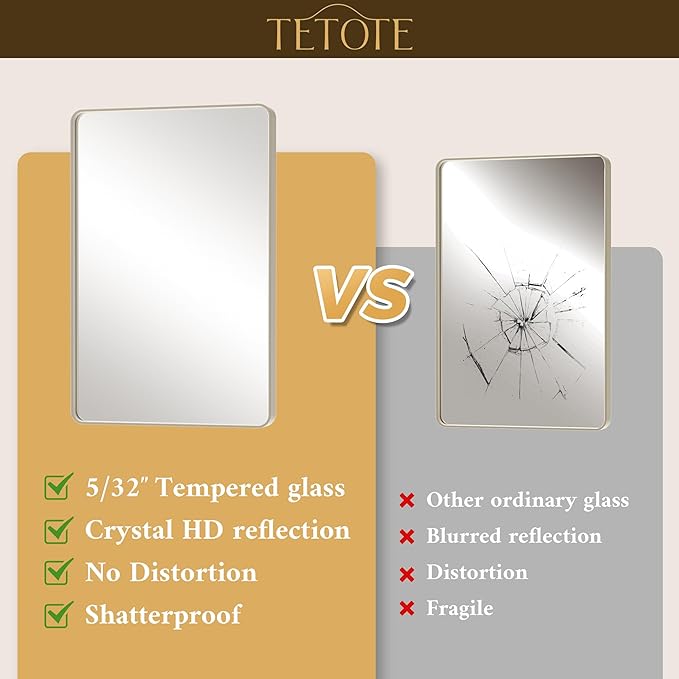 TETOTE Brushed Nickel Bathroom Mirror 40 x 24 Inch Brushed Nickel Metal Framed Bathroom Mirror, Tempered Glass, Modern Farmhouse Wall Mounted Mirror for Decorative(Horizontal/Vertical)
