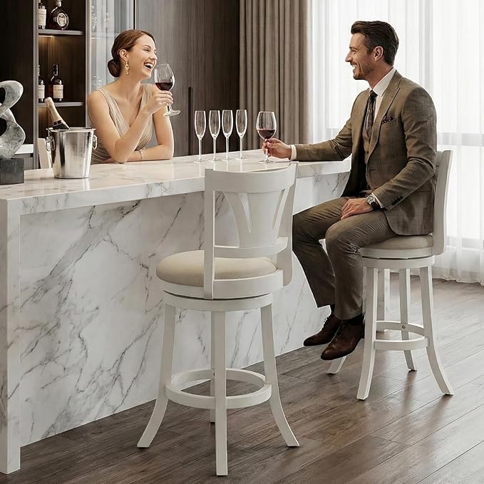 Swivel Bar Stools Set of 2,26 Inch Counter Height Barstool with Silent Rotation, High-Density Foam Cushion, Solid Wood Frame, Footrest & Anti-Slip Pads for Kitchen Islands and Home Bars (White)
