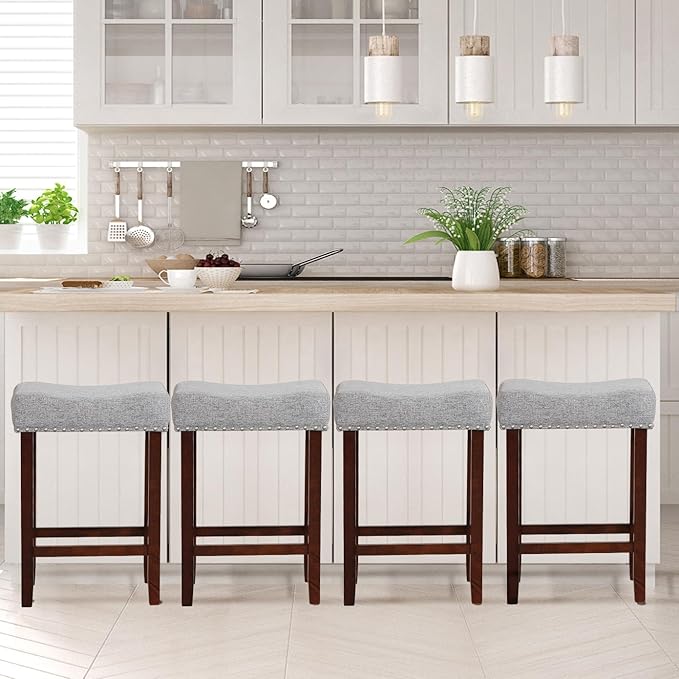 ERGOMASTER Bar Stools, 24 Inch Modern Saddle Stools, Rubber Wood, Light Grey/Brown, Set of 4