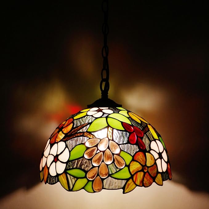 Tiffany Pendant Light Plug in 12 Inch Green Purple Grape Stained Glass Hanging Lamp with Chain 33 Inch, Cord 15 Feet