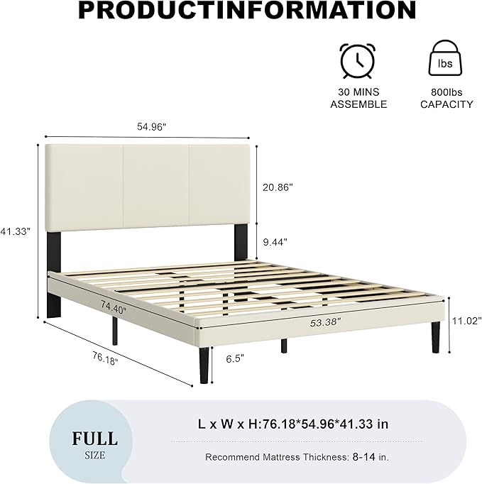 Full Size Bed Frame with Upholstered Headboard, Sturdy Wood Slats, No Box Spring Required, Silent, Easy Assembly,Beige