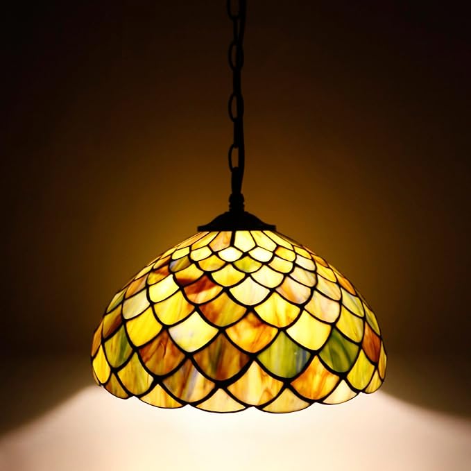 Tiffany Pendant Light Plug in 12 Inch Brown Fish Scales Stained Glass Hanging Lamp with Chain 33 Inch, Cord 15 Feet