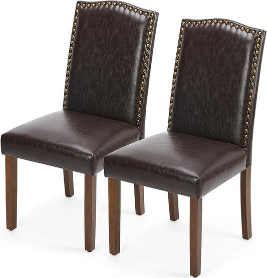 DUMOS Upholstered Dining Chairs，Set of 2 PU Leather Dining Room Kitchen Chair with Nailhead Trim and Wood Legs, Modern Side Chairs for Living Room-Brown