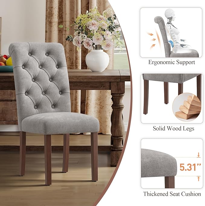 Upholstered Tufted Dining Room Chairs Set of 4, Parsons Kitchen Chairs with Padded Seat and Solid Wood Legs, Fabric Accent Side Diner Chair for Dining Room/Kitchen/Living Room, Light Grey