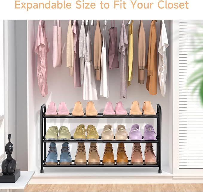Expandable Shoe Rack, 16“-30” Adjustable Shoe Rack for Closet, Front Door Entrance, Entryway, Dorm, Small Space, Metal Shoe Organizer, Black 3 Tier