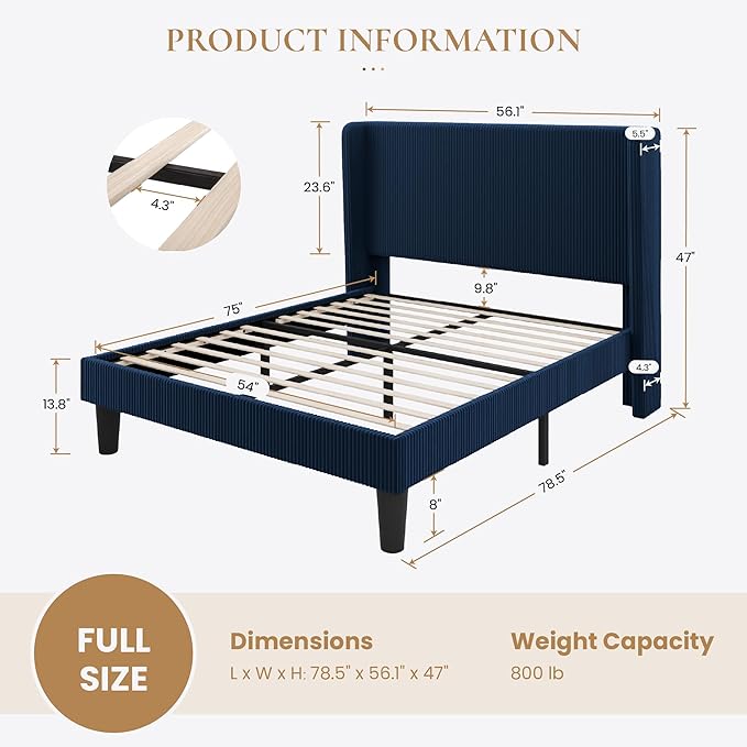 SHA CERLIN Full Size Corduroy Upholstered Platform Bed Frame with Vertical Channel Tufted Wingback Headboard, 8" Under Bed Storage, Wooden Slats & Metal Frame Support, Easy Assembly, Dark Blue