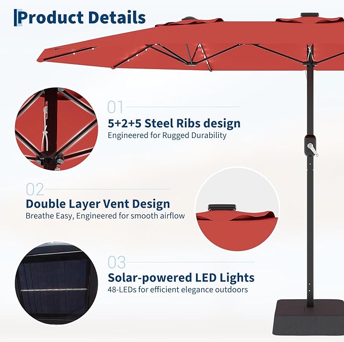 GarveeLife 15 FT Patio Umbrella with Base Included, Patio Table Umbrella with solar lights, 10 Sturdy Ribs UV Protection Waterproof for Garden, Pool, Deck, Backyard (Red)