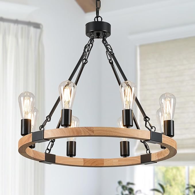 8 Lights Wooden Wagon Wheel Chandelier Natural Farmhouse 23.6'' Black Metal Light Fixtures Rustic Wood Round Chandelier for Living Dining Room Kitchen Entryway Foyer