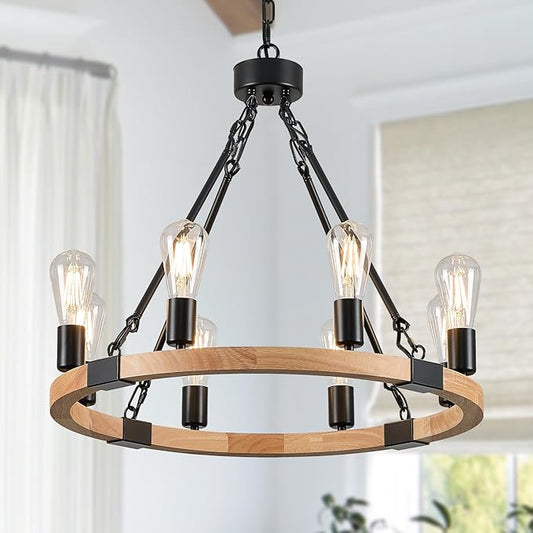 8 Lights Wooden Wagon Wheel Chandelier Natural Farmhouse 23.6'' Black Metal Light Fixtures Rustic Wood Round Chandelier for Living Dining Room Kitchen Entryway Foyer