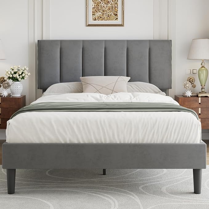 VECELO Queen Bed Frame with Upholstered Headboard, Heavy-Duty Platform Bedframe with Strong Wooden Slats Support, No Boxing Spring Needed, Dark Grey