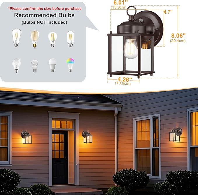 GRUENLICH Dusk to Dawn Outdoor Wall Lantern, Exterior Wall Sconce Light Fixture, Outside Porch Lighting with Clear Glass for House, Patio, Bronze, 2 Pack