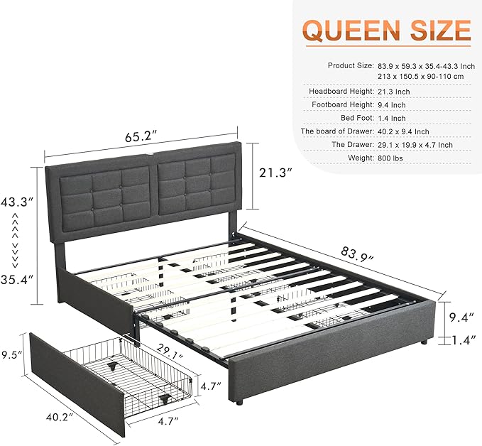 VECELO Queen Size Bed Frame with 4 Drawers, Adjustable Tufted Button Headboard, Upholstered Platform with Wood Slats Support, Built-in USB and Type C Ports, Dark Gray