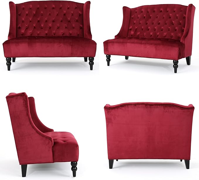 Modern Tufted Velvet Wingback Loveseat, Tufted Velvet 2 Seat Couch Sofas with High Back Thick Padded Cushioned Seats for Living Room, Victorian Style, Wine red