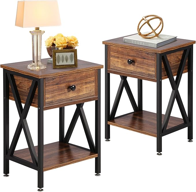 VECELO Nightstands, Modern End Side Tables,Night Stand Set of 2 with Drawer &Storage Shelf for Bedroom Living Room Office Lounge, 2, Brown