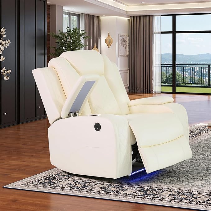 Power Leather Reclining Sofa Chair with LED Light for Adults,Single Recliner with USB Port/Storage,Leather Couch for Living Room Furniture Sets/RV Car/Home Theater/Office(1 Seat,Creamy)