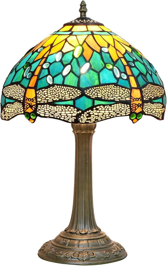 Tiffany Lamp Green Dragonfly Style Stained Glass Lamps Teal Bedroom Bedside Table Lamp for Dorm Office Art Craft Antique Decor Accent Aesthetic Nightstand Retro Metal Reading Lamps 12 inch