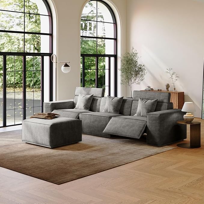 115" Power Sofa,Modular Sectional Couches for Living Room,Modern Large Sofa with Recliners,Comfy Velvet Cloud Couch with Deep Seat with 1 Ottoman,Pet Friendly,Free Combination for Home(Dark Gray)