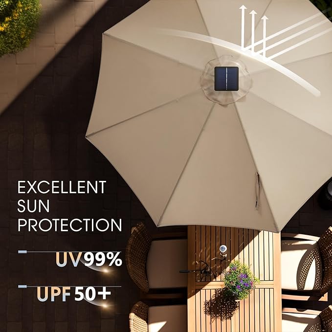 wikiwiki 10FT Solar Led Patio Umbrella with Base Included, 32 LED Lights, 8 Sturdy Ribs, Fade Resistant Waterproof POLYESTER DTY Canopy for Garden, Lawn, Deck, Backyard & Pool, Beige