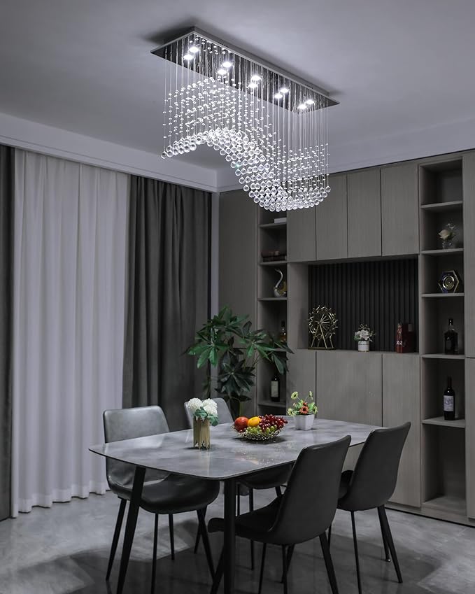 Siljoy Modern Crystal Chandelier, 12-Light Luxury Large Rectangle Wave Raindrop Chandelier, Rectangular Flush Mount Crystal Ceiling Light for Dining Room Kitchen Island L47'' x W11.8'' x H40''