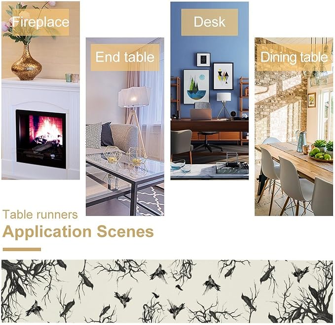 Silhouette Tree Crows Halloween Table Runner Branches Fall Kitchen Dining Table Decoration for Outdoor Home Party for Living Room Holiday Dinner Home 13x108in