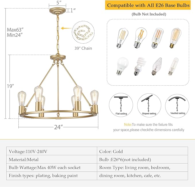 6-Lights Gold Chandelier | Dia 24'' Farmhouse Wagon Wheel Chandelier | Rustic Hanging Dining Room Light Fixture | Apply to Living Room | Kitchen Island | Entryway | Foyer