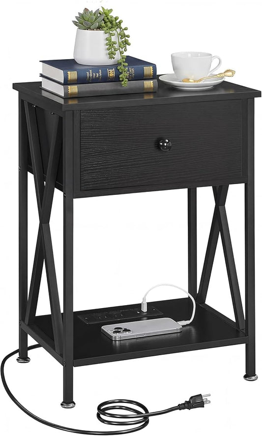 VECELO End Table with Charging Station, Night Stand with Drawers, 2-Tier Bedside Tables with USB Ports & Outlets, Side Table with Storage Shelf for Living Room/Bedroom, Black
