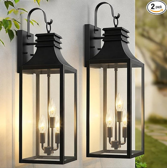 28" Large Outdoor Wall Lights 2 Pack, 3-Light Black Exterior Sconces with Clear Glass, Extra Tall Waterproof Porch Lanterns, Aluminum Alloy Fixtures for Front Door Garage, E12 Socket