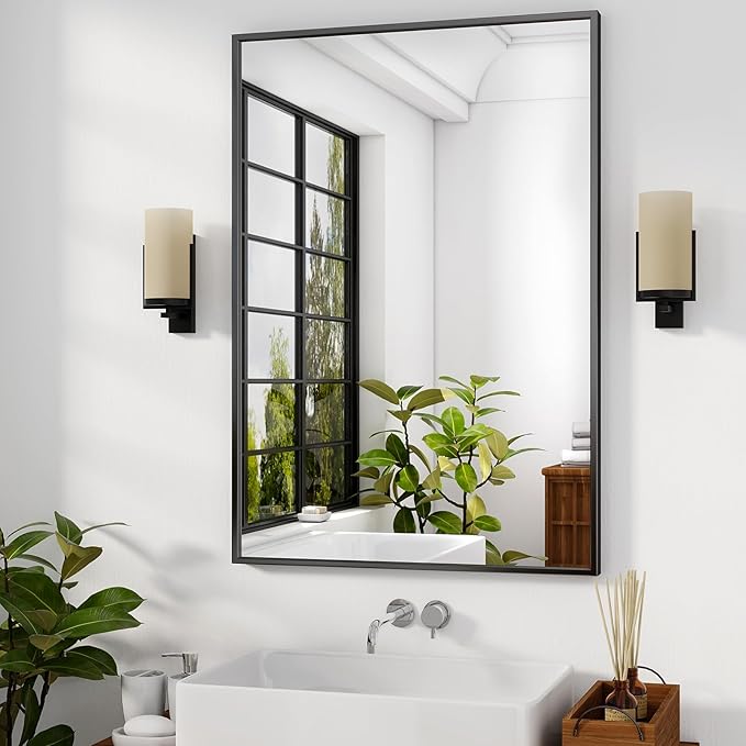 HARRITPURE 24"x32" Framed Bathroom Mirror for Wall Rectangle Mirror Aluminum Alloy Frame Wall-Mounted for Farmhouse Entryway Bedroom Living Room Black
