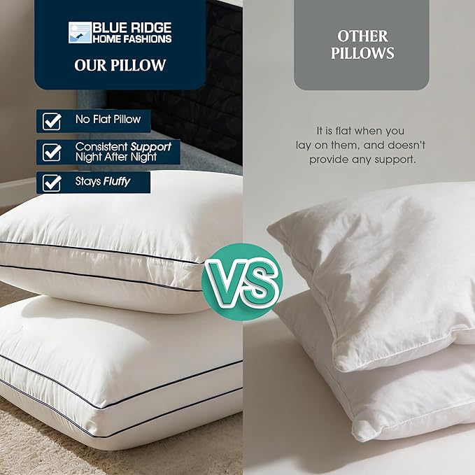 Blue Ridge Home Fashions Hotel Bed Pillows King Size Set of 2, 400 Thread Count 100% Cotton Cover, Medium Support Gusseted Down Alternative Pillow for Back, Stomach or Side Sleepers, 18" x 34", White