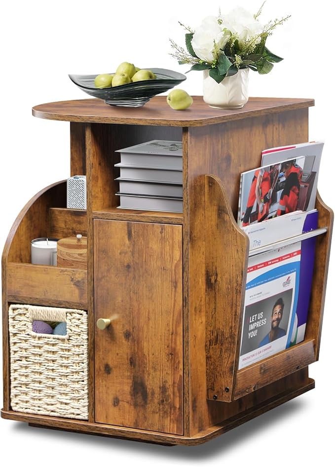 TooCust Rotating End Table with Storage, Rotating Side Table Living Room, Side Table with Magazine Holder, Basket and Cabinet, Sofa Side Farmhouse End Tables with Open Shelf (Rustic Brown)