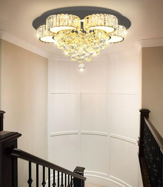 23.6'' Black Modern Crystal Chandeliers for Dining Room LED Dimmable Light Fixtures Flush Mount Light Living Room Bedrooms