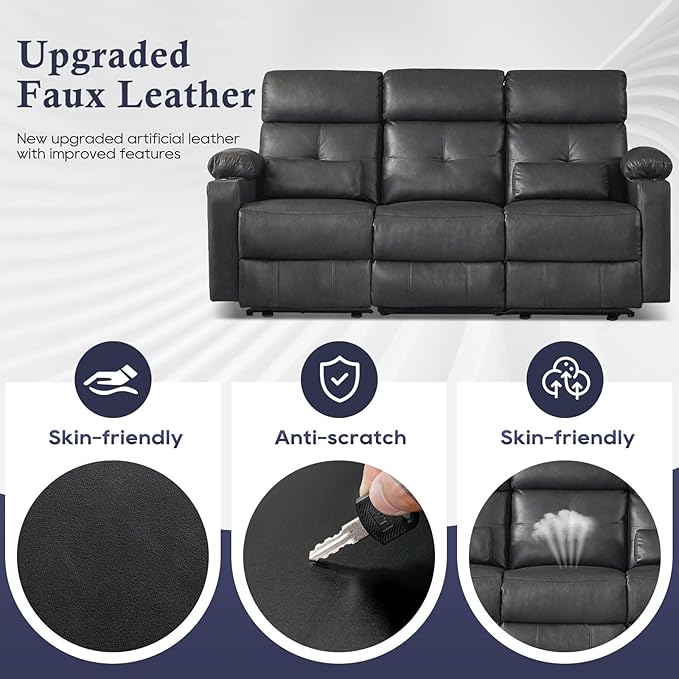 Power Reclining Sofa with Heat and Massage, Electtric Reclining Couch with Extended Footrest, Recliner Sofa 3 Seater with USB Ports, Cup Holders for Living Room, Home Seating