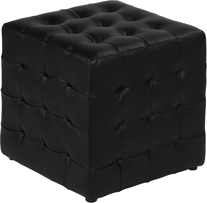 Cortesi Home Charli Tufted Cube Ottoman in 100% Genuine Leather, Black