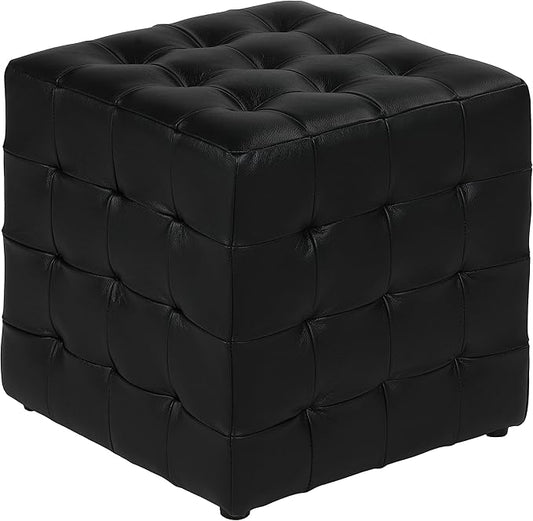 Cortesi Home Charli Tufted Cube Ottoman in 100% Genuine Leather, Black