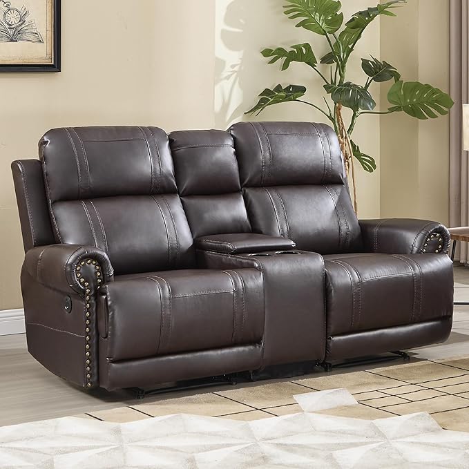 EBELLO Faux Leather Electric Reclining Loveseat Sofa, Power Recliner Two Seats Couch with USB and Type-C Charging Ports, Vintage Rivet Design for Small Living Room, Bedroom and Meeting Room, Brown