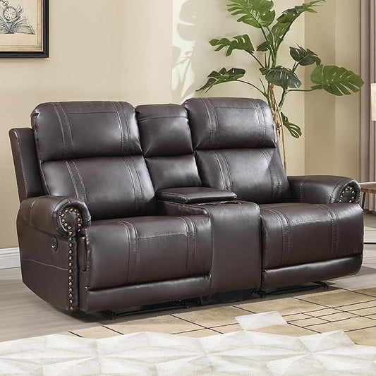 EBELLO Faux Leather Electric Reclining Loveseat Sofa, Power Recliner Two Seats Couch with USB and Type-C Charging Ports, Vintage Rivet Design for Small Living Room, Bedroom and Meeting Room, Brown