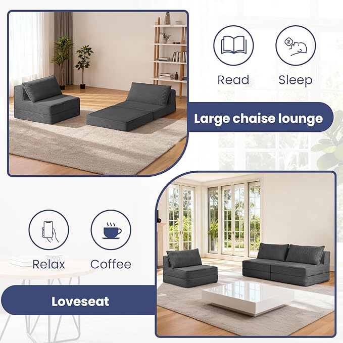 Folding Sofa Bed, Convertible Sleeper Chair with Pillow,Corduroy Comfy Floor Futon for Living Room Bedroom,Modern Accent Reading Chair,No Assembly Required,Grey