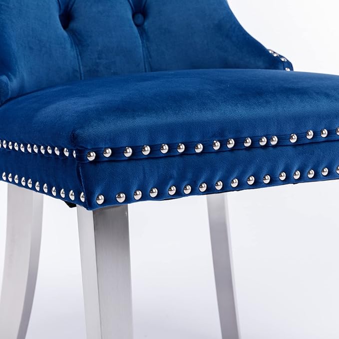 Solid Wood Dining Chair with Nailhead Trim,Velvet Upholstered W/Chrome Stainless Steel Plating Legs,Set of 2,for Living Room,Apartemnt,Blue and Chrome