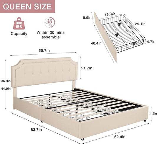 VECELO Queen Size Platform Bed Frame with 4 Storage Drawers,Fabric Upholstered Headboard and Wooden Slats Support,Built-in USB and Type C Ports, No Box Spring Needed,Easy Assembly